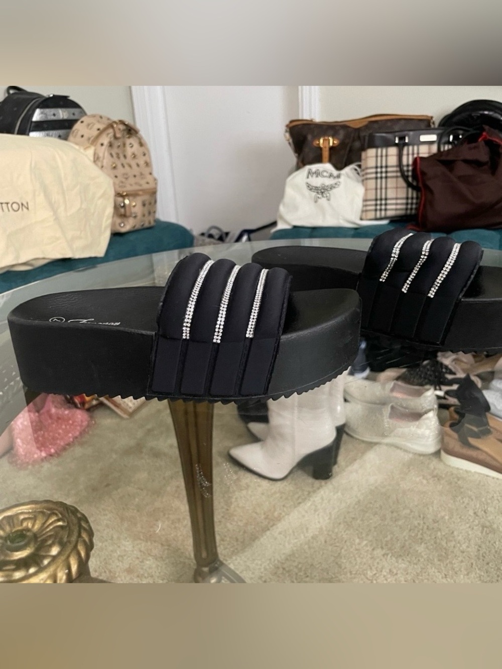 Black Platform Slide Sandals with Rhinestone Straps